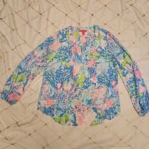 Lilly Pulitzer Lovers Coral Print Blouse | Long Sleeve | Tropical Floral Top S